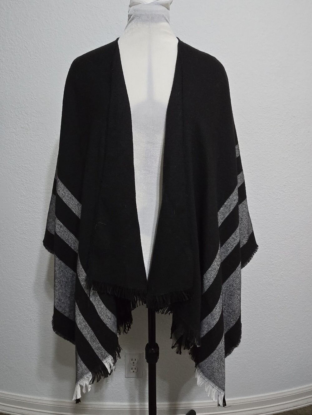 Fringe Wrap Shawl Wrap Scarf Cape Striped Open Front Black Gray Cozy Lagenlook